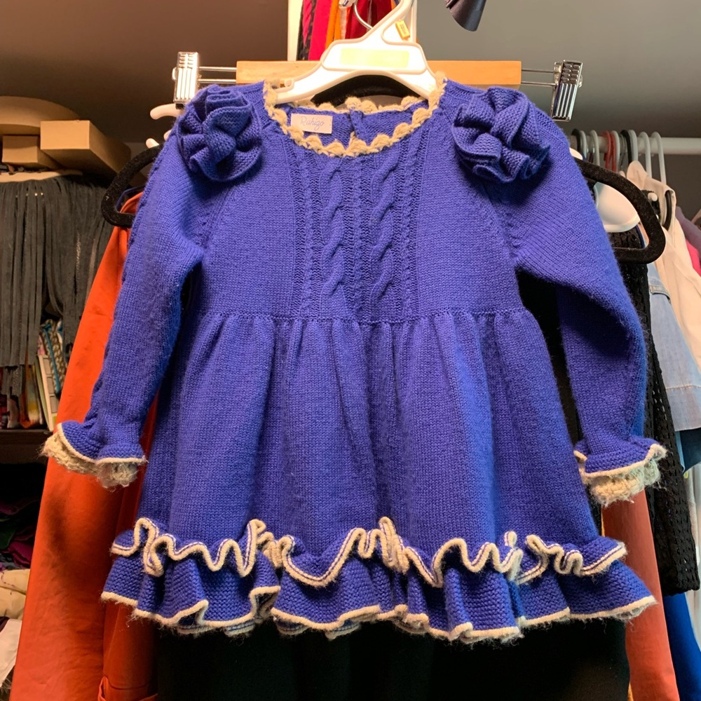 Girls' Blue Knit Dress with Ruffle Trim